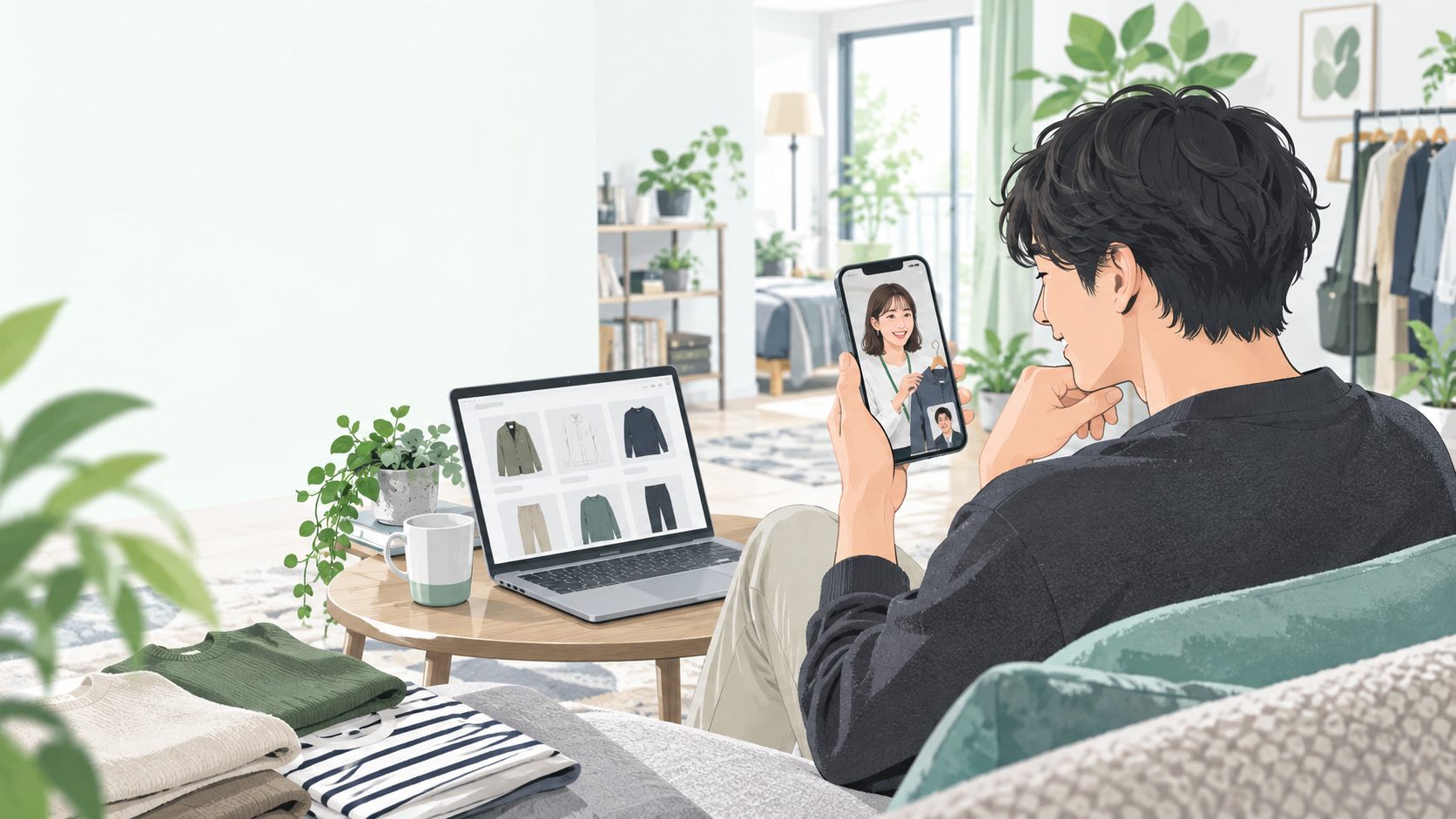 自宅からビデオ通話でファッションアテンダントにネットショッピングを相談する男性